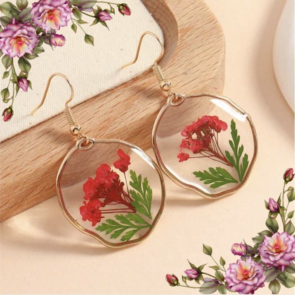 Dried Flowers and Green Leaf Asymmetrical Shape Fashion‎ Earrings